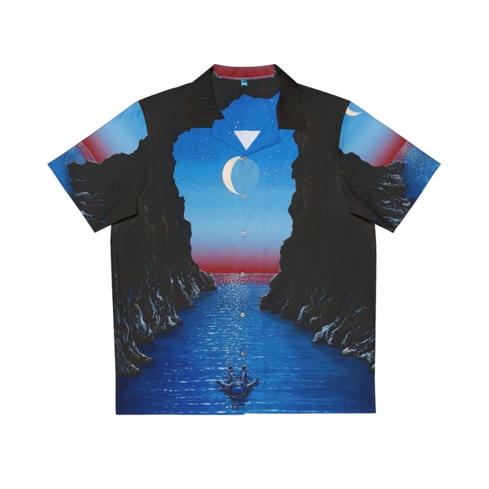 Space themed night drift Hawaiian shirt with astronaut, moon, and water elements