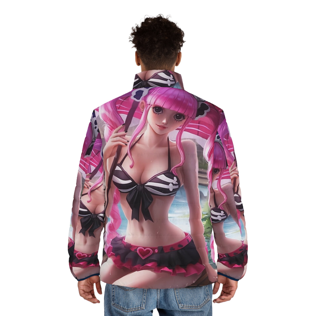 Anime girl in a hot spring ghost princess puffer jacket - men back