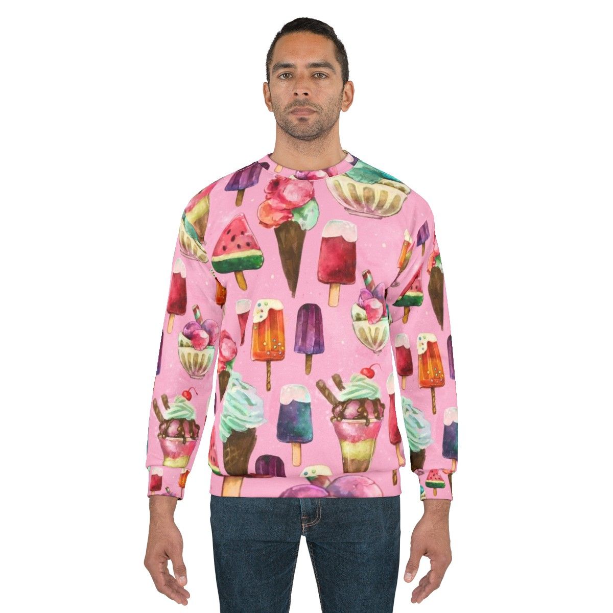 Woman wearing ice cream pattern sweatshirt - men