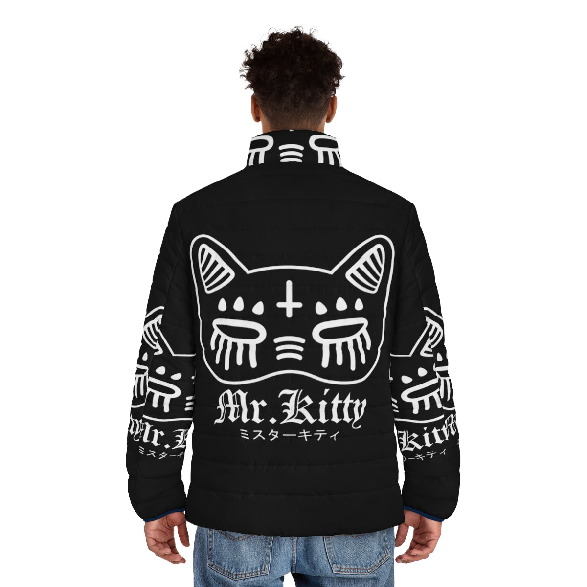 A cat wearing a puffer jacket with electronic music inspired design - men back