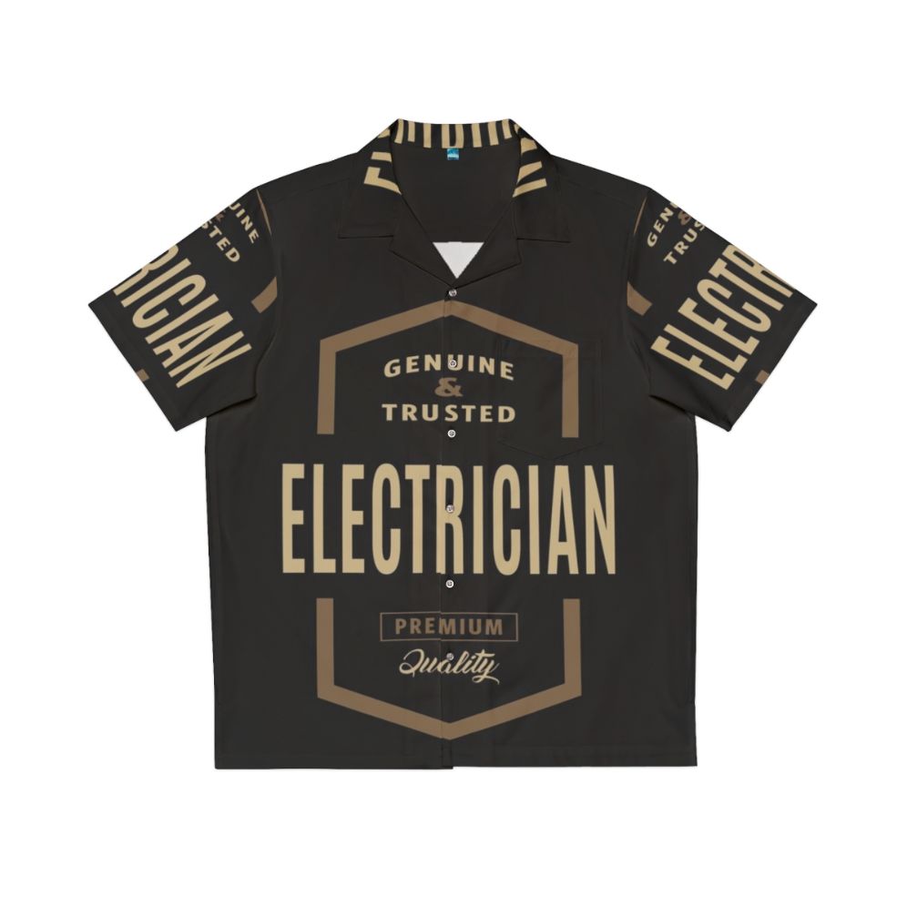 Electrician wearing a Hawaiian-style shirt with electric and typography design