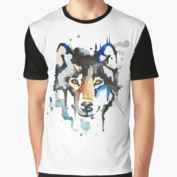 Watercolor wolf graphic design on a black t-shirt, featuring a stylized, abstract wolf illustration in shades of blue and gray.