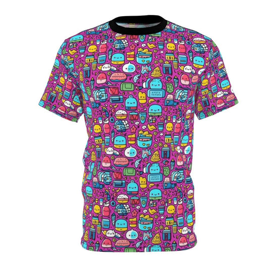 Colorful abstract pattern t-shirt featuring hobby-related cartoon elements like pineapple, tiger, and smiley face.