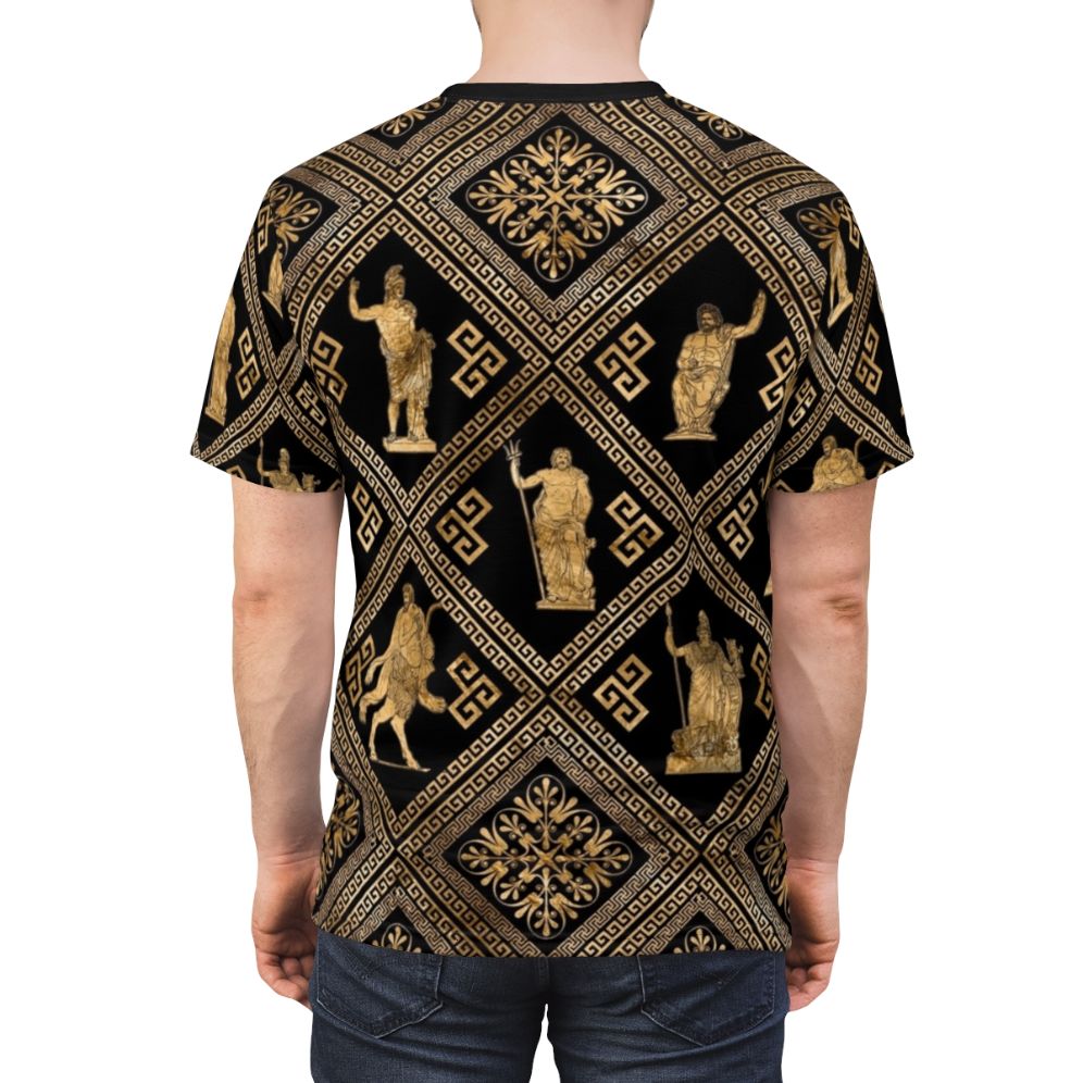 A t-shirt featuring a design with greek deities and a meander pattern, inspired by ancient greek art and mythology. - men back