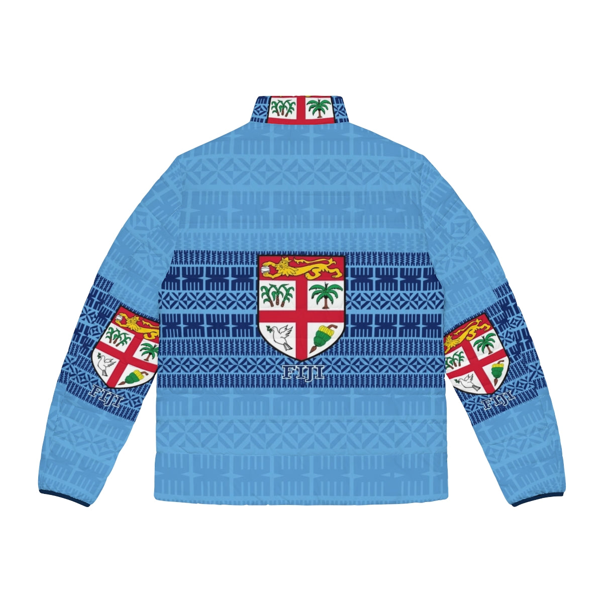 Blue puffer jacket featuring Fijian masi tapa design and Fiji flag - Back