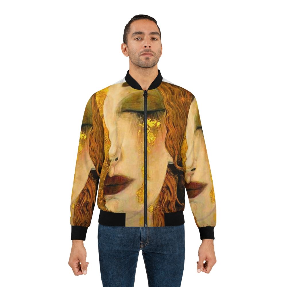 Golden Tears Klimt-Inspired Bomber Jacket featuring art nouveau floral design and metallic gold accents - Lifestyle