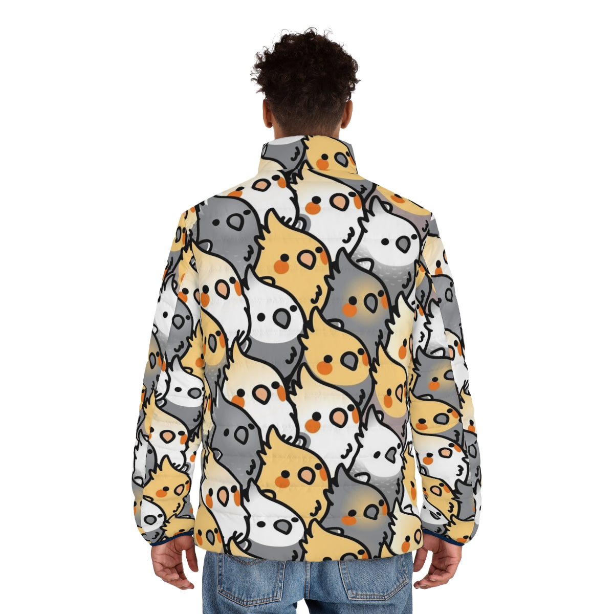 Colorful cockatiel puffer jacket with a fun party pattern - men back