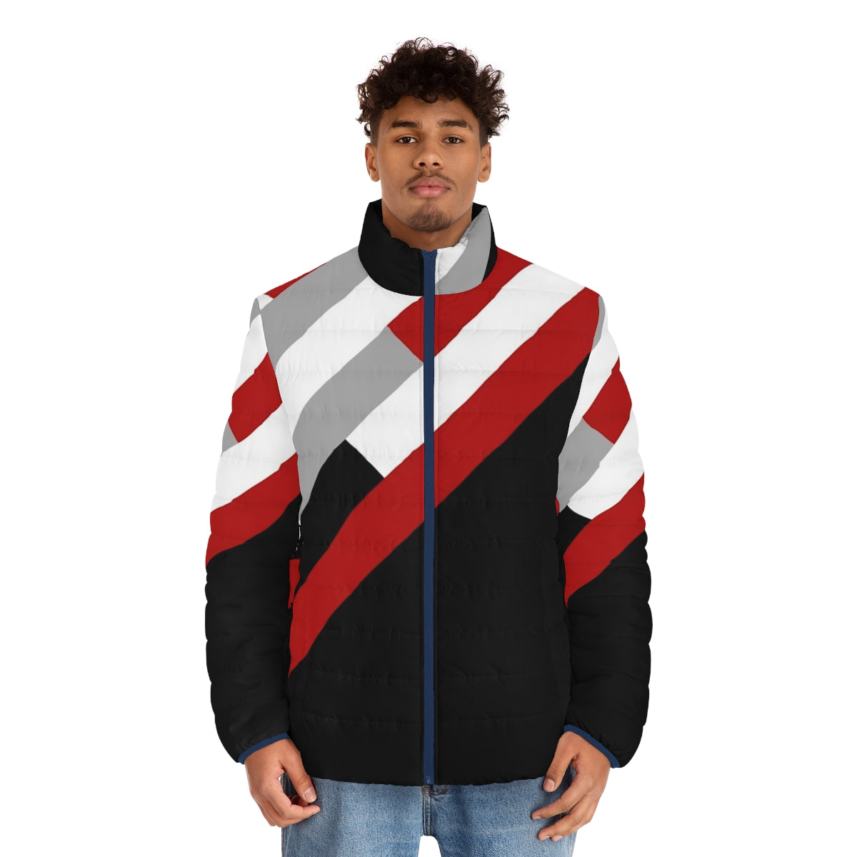 Diagonal stripes geometric pattern puffer jacket in grey, red, and white - men front