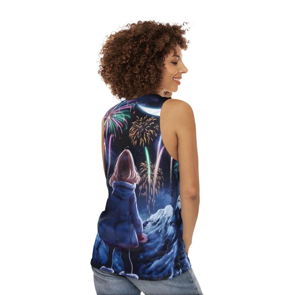 Anime unisex tank top with colorful fireworks and fantasy scenery - women back