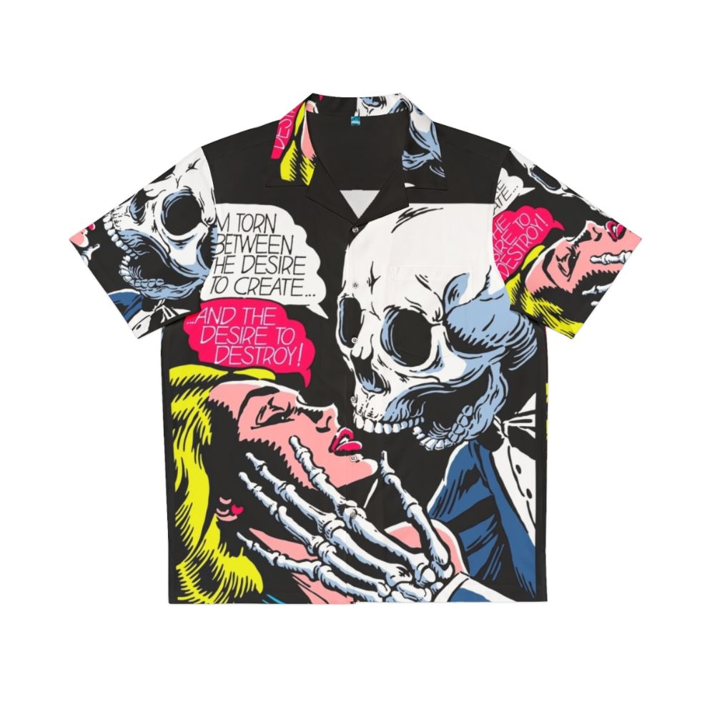 Hawaiian shirt featuring a skull and vintage comics-inspired design