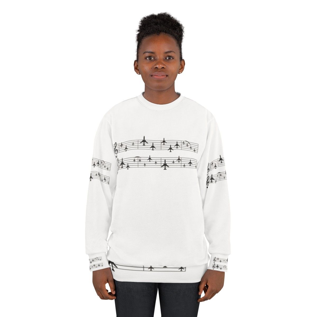 Music staff with airplanes graphic on a white sweatshirt - women