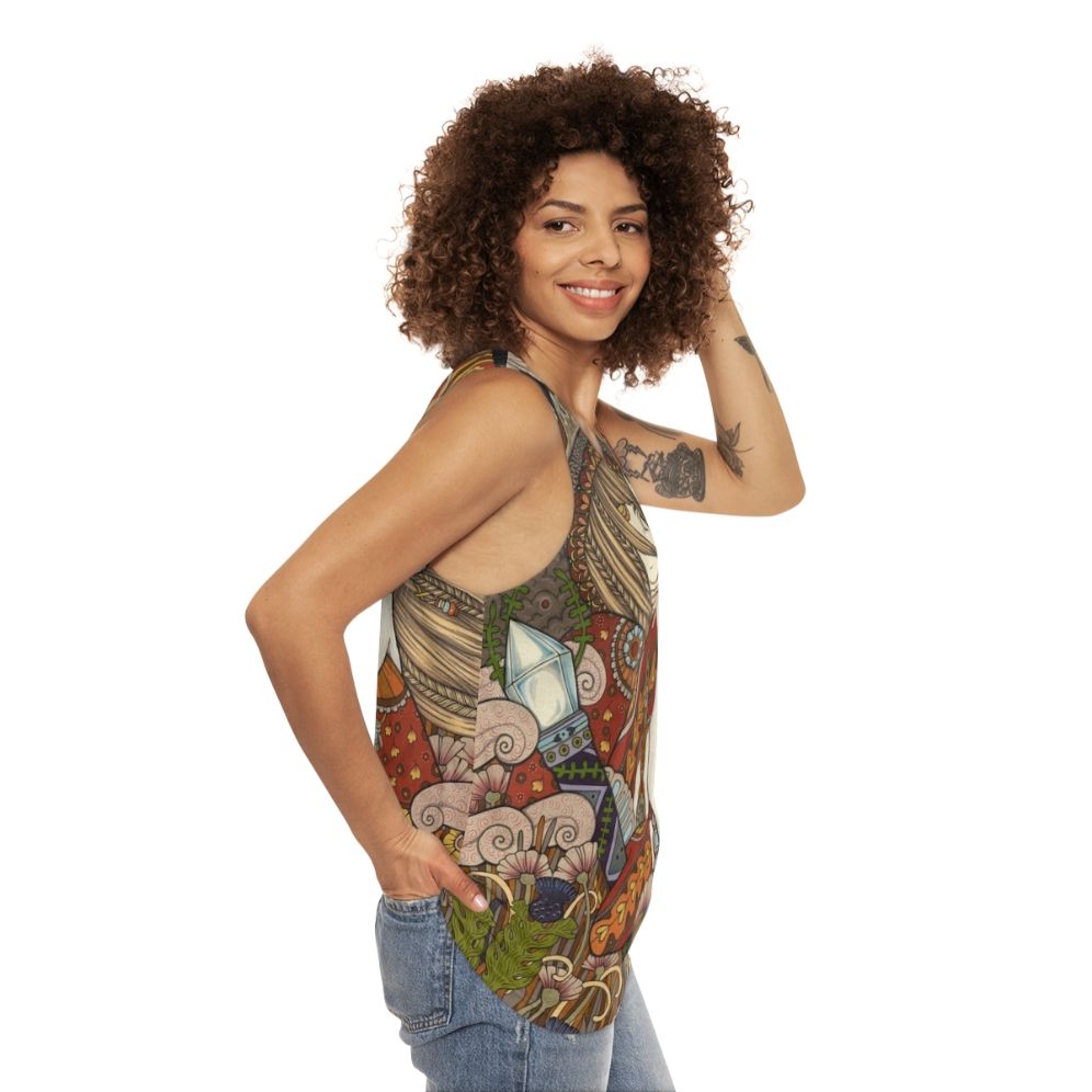 Visionary unisex tank top with mystic tarot-inspired design - women side