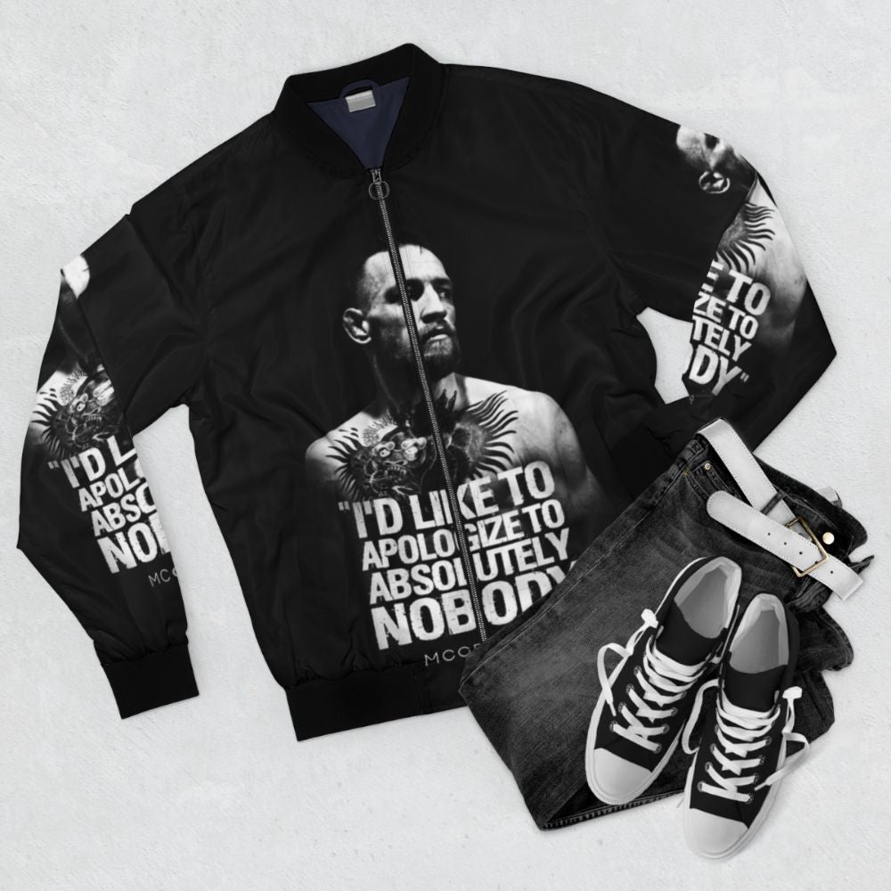 Conor McGregor wearing the "Apologize to Absolutely Nobody" UFC 205 bomber jacket - Flat lay