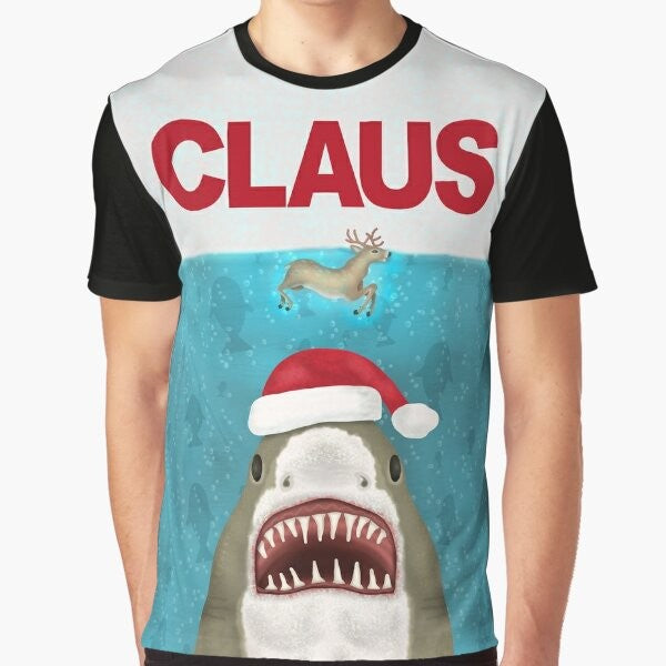 A funny graphic t-shirt featuring a Santa Claus shark with reindeer horns, a humorous Christmas and holiday design.