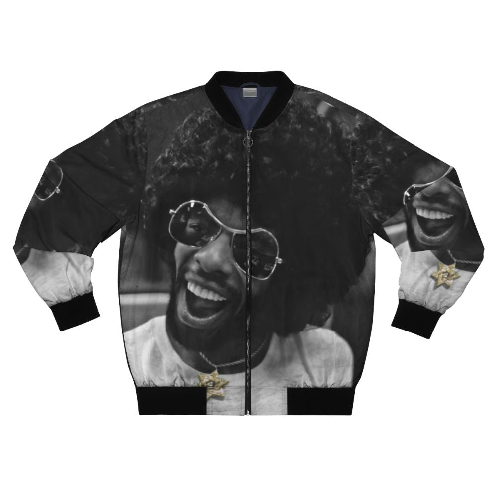 Sly Stone in the Studio Bomber Jacket featuring music, musician, and recording studio imagery