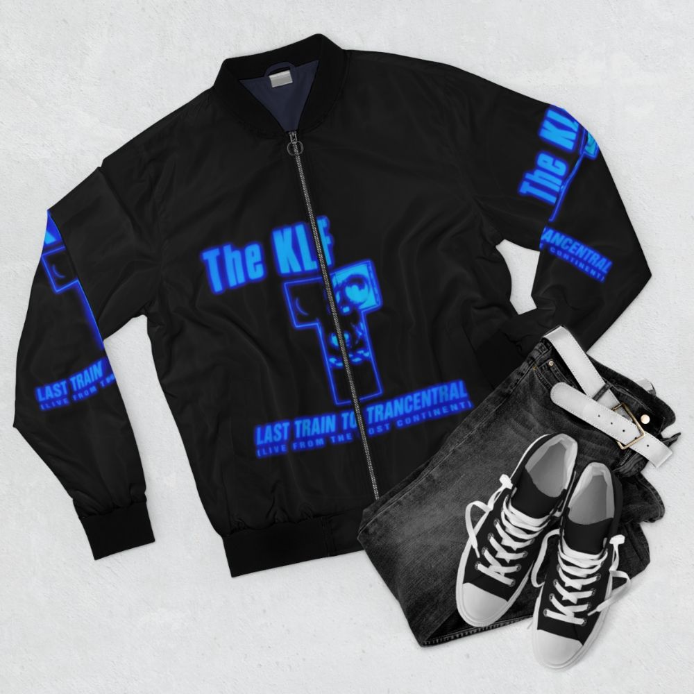 The KLF 90s Bomber Jacket featuring vintage 90s music design - Flat lay