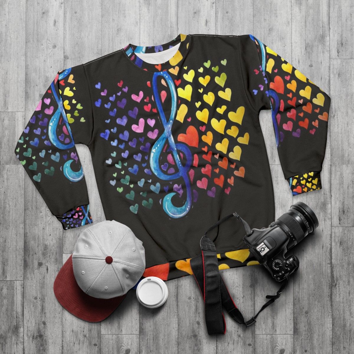 Colorful music love sweatshirt with rainbow design - flat lay