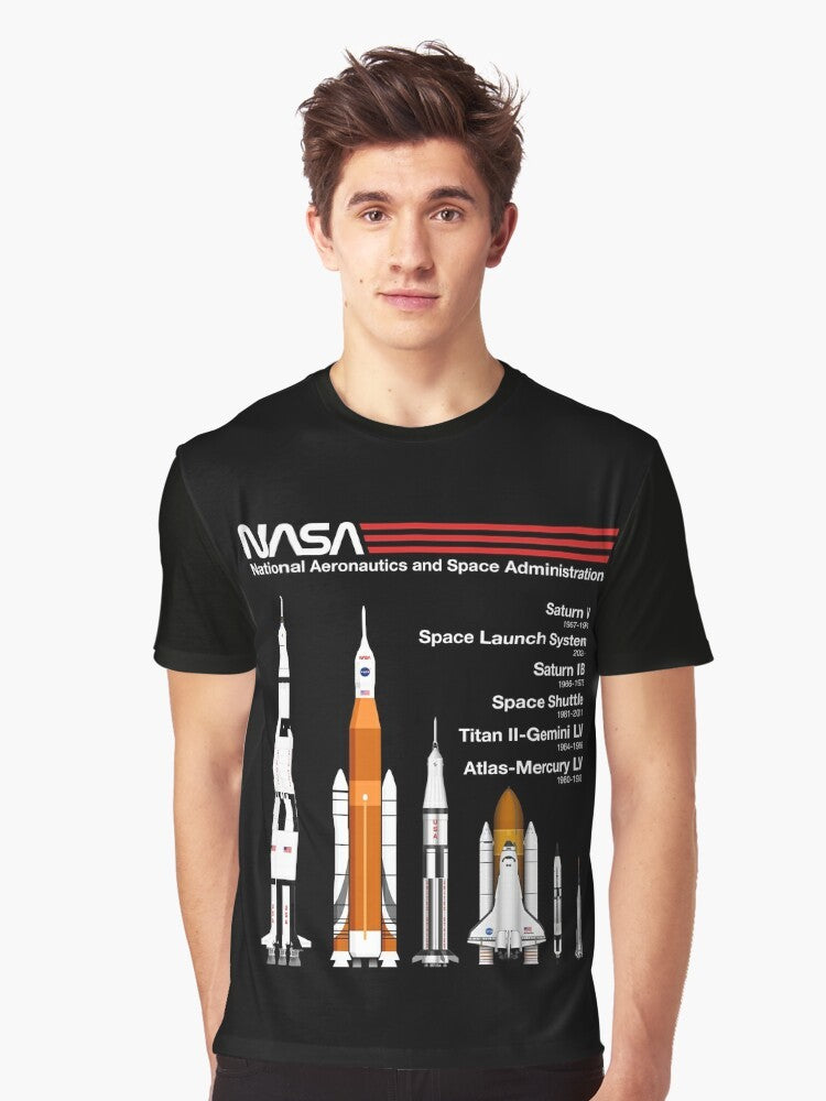 NASA rockets including Saturn V, SLS, Saturn IB, Space Shuttle, Titan, and Atlas in a lineup graphic design for a t-shirt. - Men