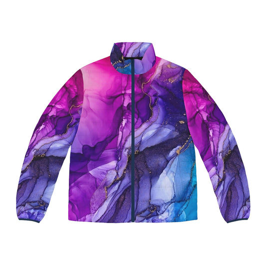 Vibrant abstract rainbow ombre puffer jacket with fluid art inspired design