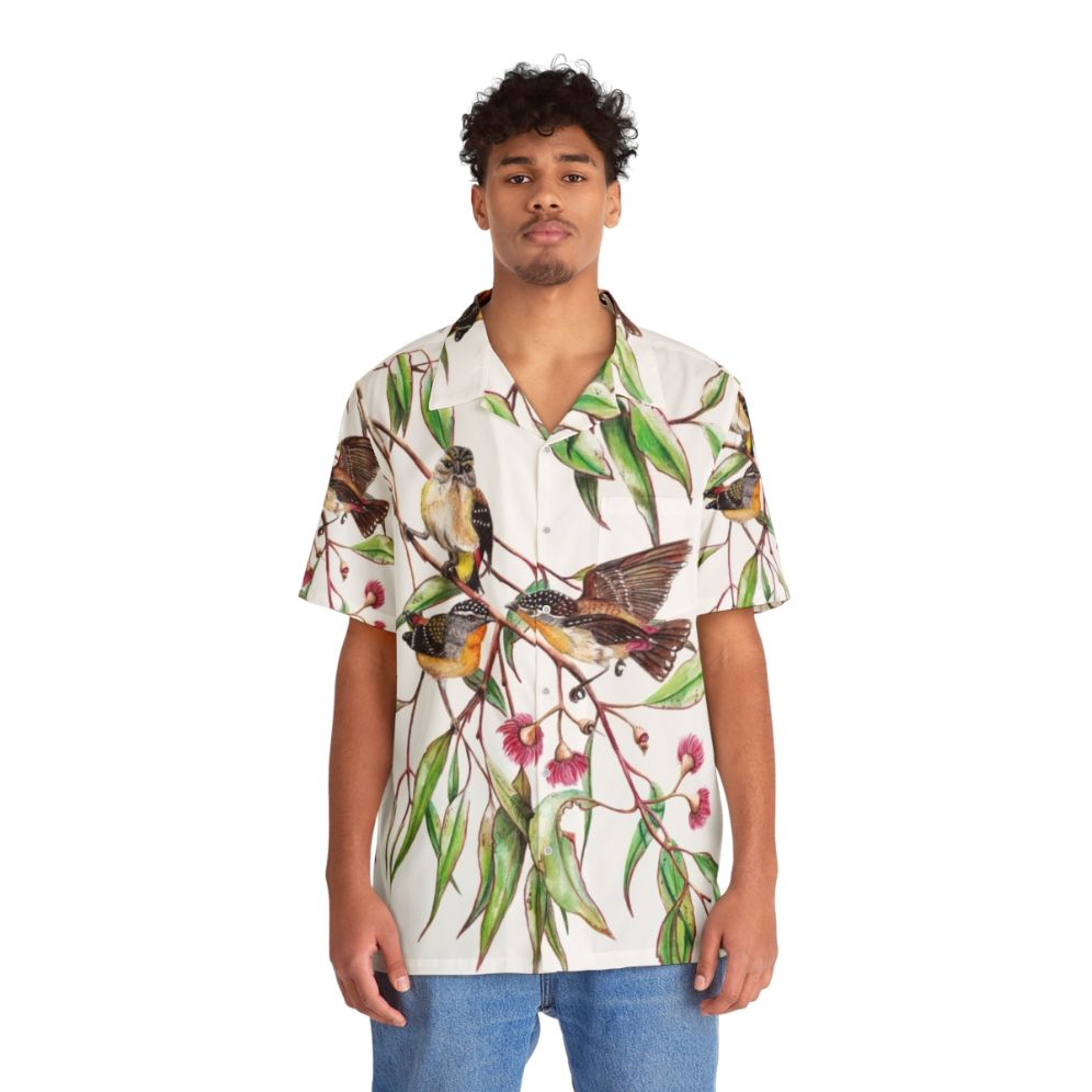 Spotted Pardalotes Hawaiian Shirt with Watercolor Pink Flowering Gum - People Front