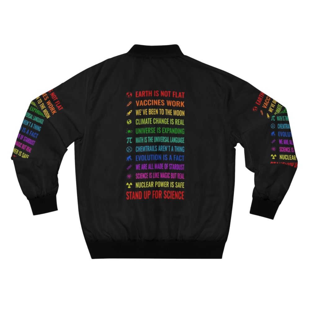 Bomber jacket with "Stand up for science" graphic and scientific symbols - Back