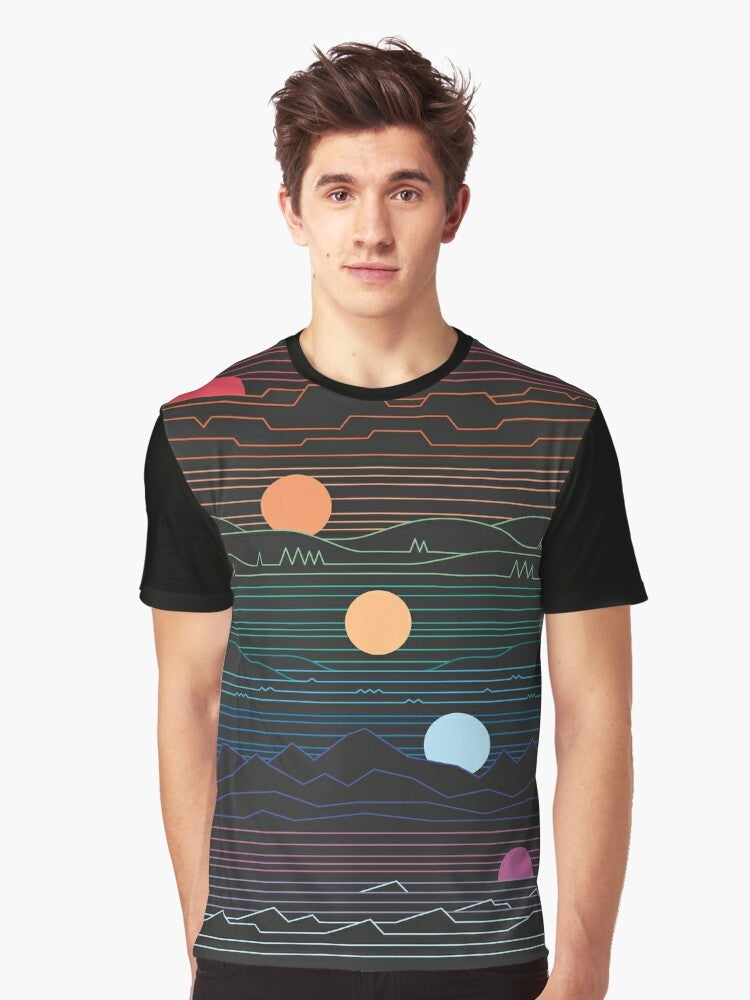 Minimalist graphic t-shirt design featuring a sun and landscape elements in pastel colors, evoking a vintage, vaporwave-inspired aesthetic. - Men