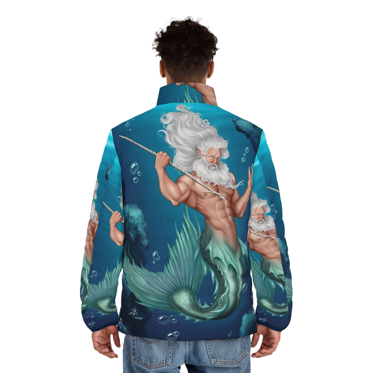 Glaukos Puffer Jacket - Merman inspired puffer jacket with oceanic and mythological design elements - men back