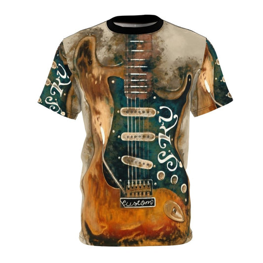 A stylized t-shirt design featuring an electric guitar with a watercolor effect, inspired by the legendary blues guitarist Stevie Ray Vaughan.