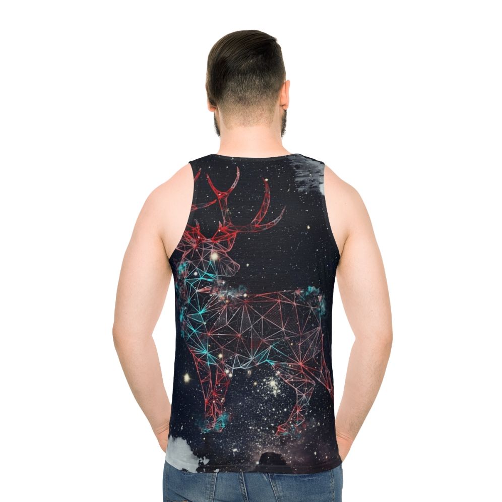 Celestial deer unisex tank top with nature and galaxy graphics - men back