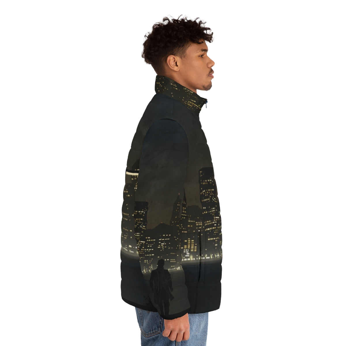 Deus Ex cyberpunk-inspired puffer jacket with warriors and landscapes design - men side right