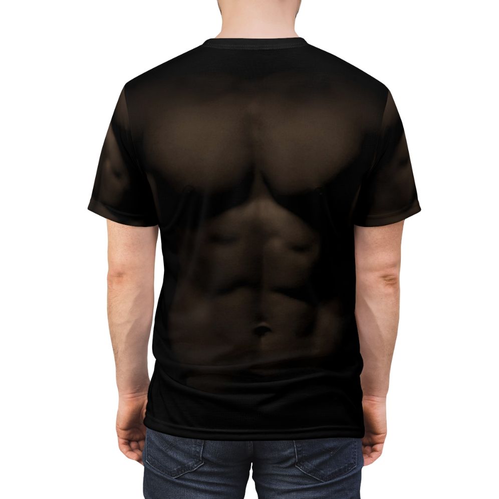 A muscular, shirtless man with a chiseled physique wearing a t-shirt - men back