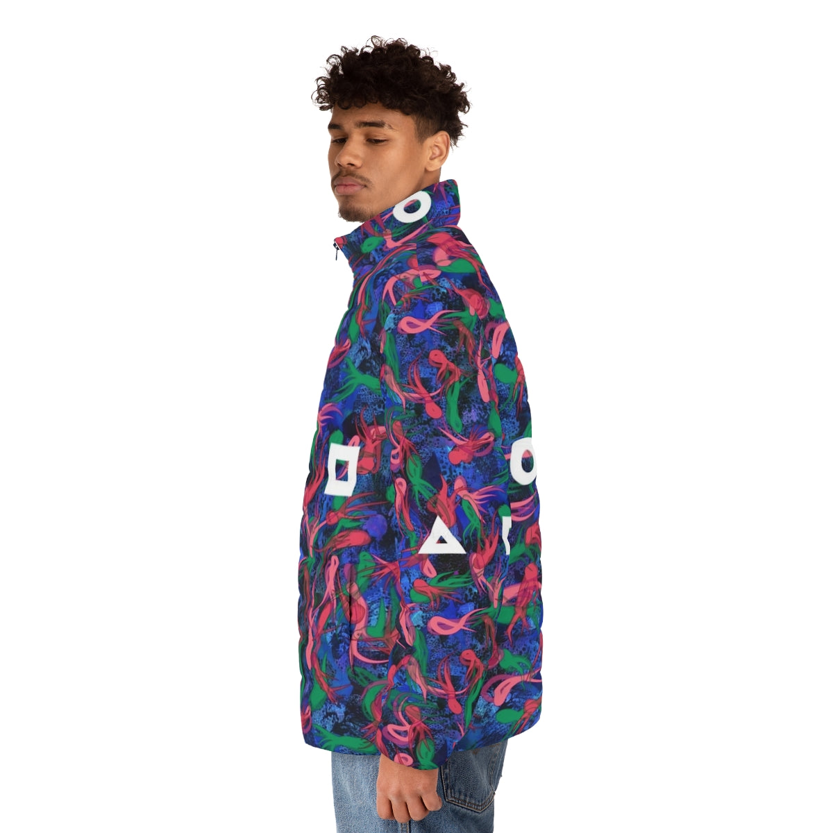 Squid Game Survival Pattern Puffer Jacket with Vibrant Colorful Design - men side left