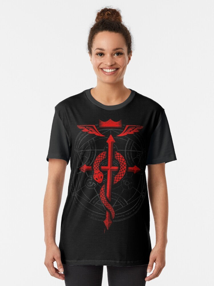 Fullmetal Alchemist Flamel Graphic T-Shirt featuring the Eye of Truth, Human Transmutation Circle, and Alchemy Symbols - Women