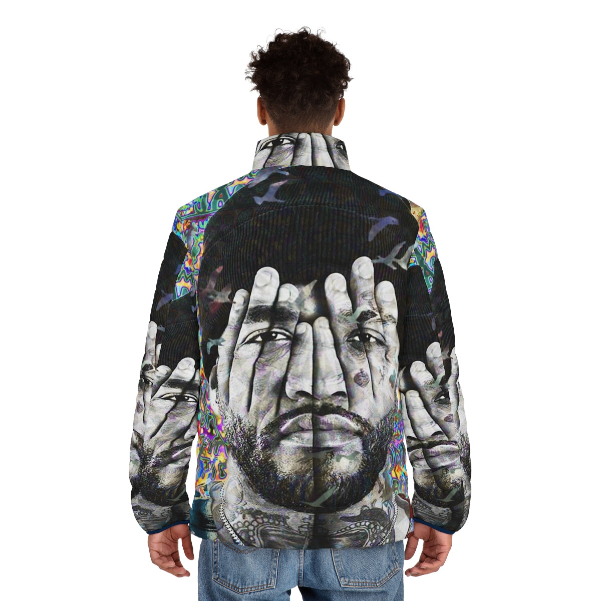 Joyner Lucas Portrait Puffer Jacket featuring the iconic rapper's portrait - men back