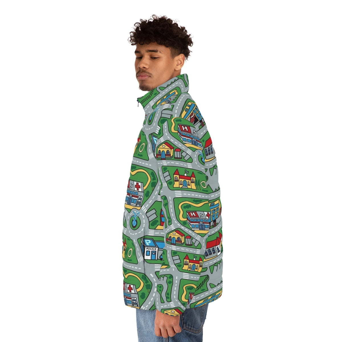 A 90s-inspired puffer jacket with a nostalgic toy car and city carpet road rug design - men side left