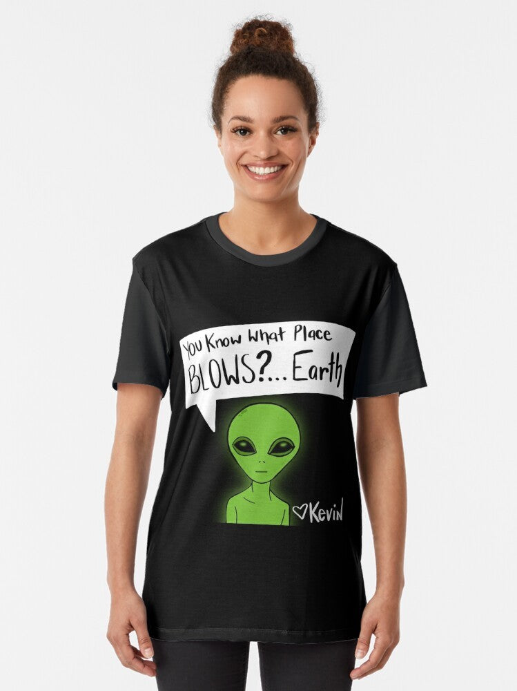 Funny sarcastic graphic t-shirt with text "You know what place blows? Earth" and an alien design - Women