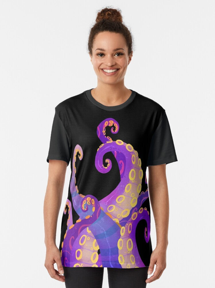 Stylish tentacles graphic t-shirt featuring an octopus or squid design in purple tones - Women