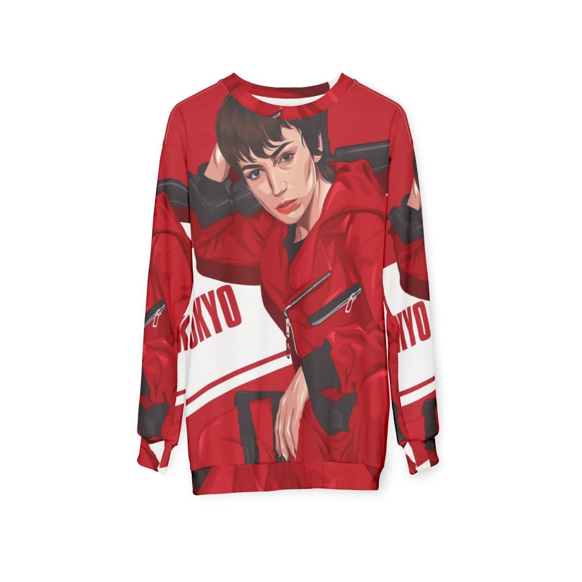 Tokyo character from Money Heist TV show graphic design on a sweatshirt - hanging