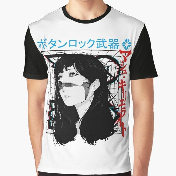 Cyberpunk cyborg girl in vaporwave-inspired urban style graphic t-shirt design.