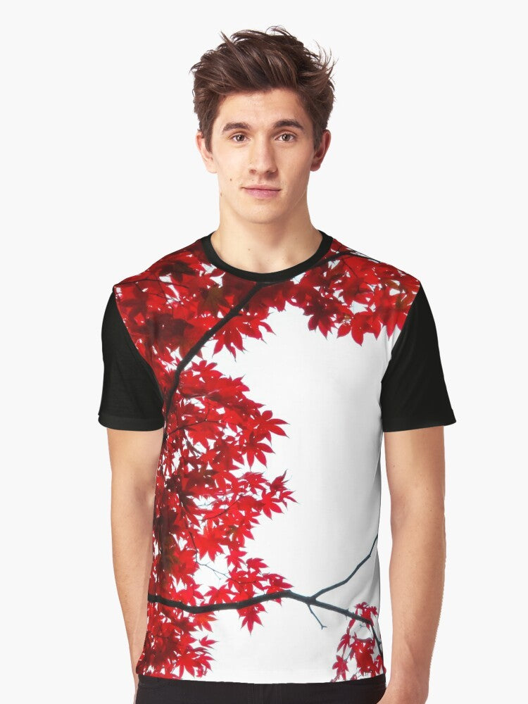 KOYO graphic t-shirt featuring a vibrant red Japanese maple leaf against a blue sky background - Men