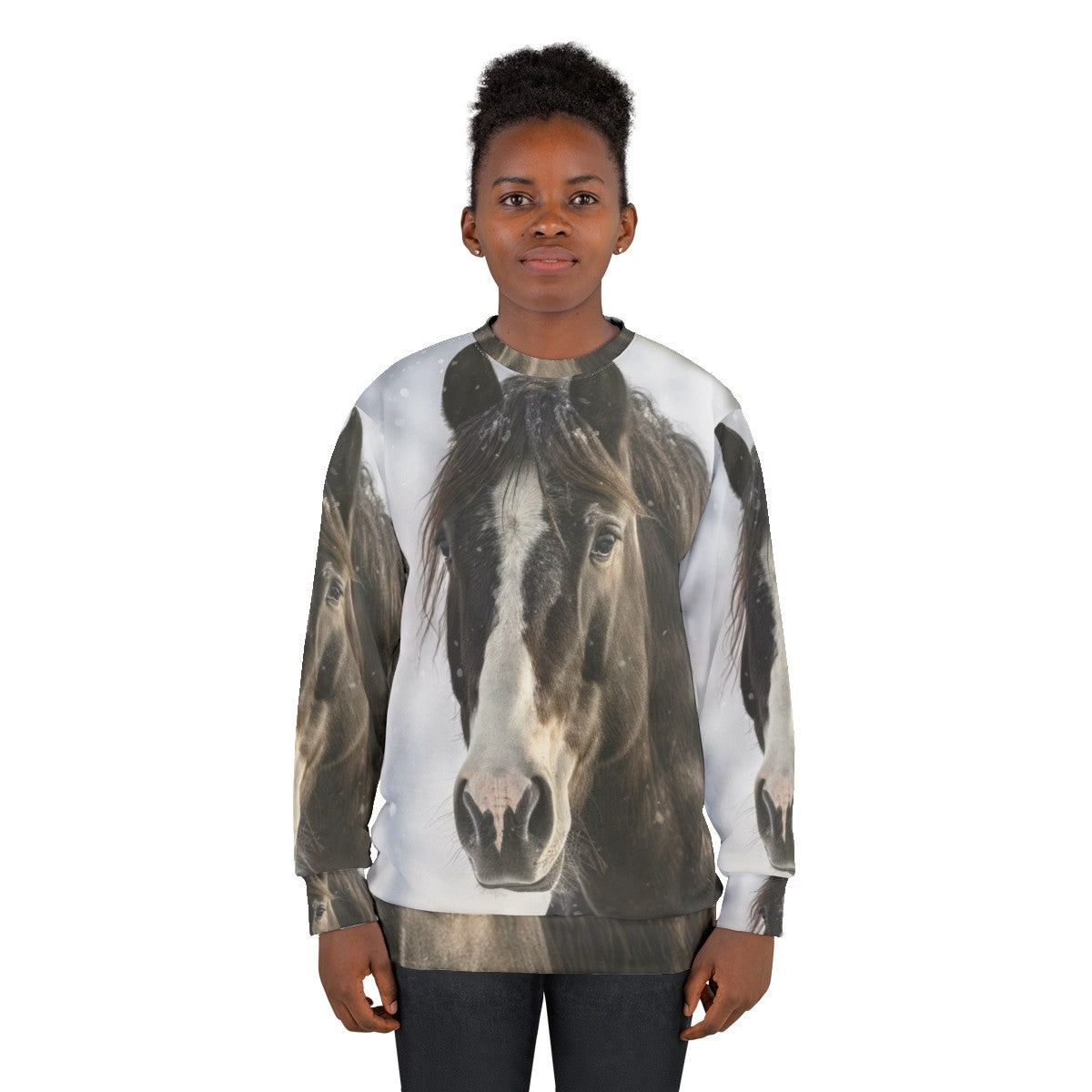 Black horse silhouette in winter scene on sweatshirt - women