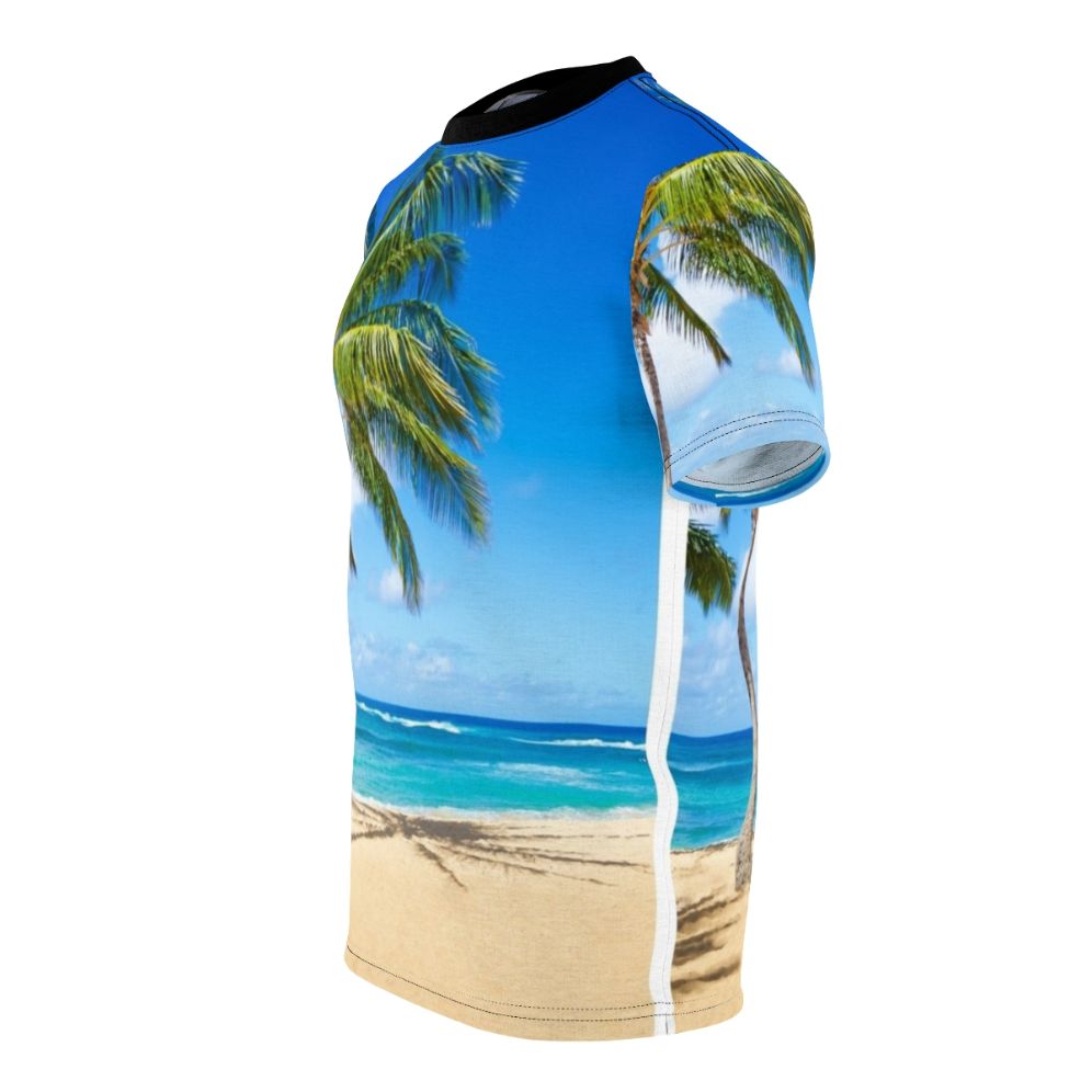 T-shirt featuring a scenic image of palm trees on a sandy beach in Hawaii - men left