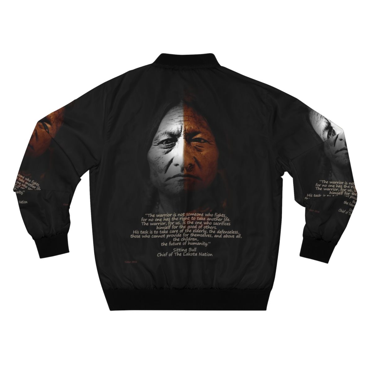 Stylish bomber jacket featuring a Sitting Bull warrior quote, modern Native American wall art design - Back