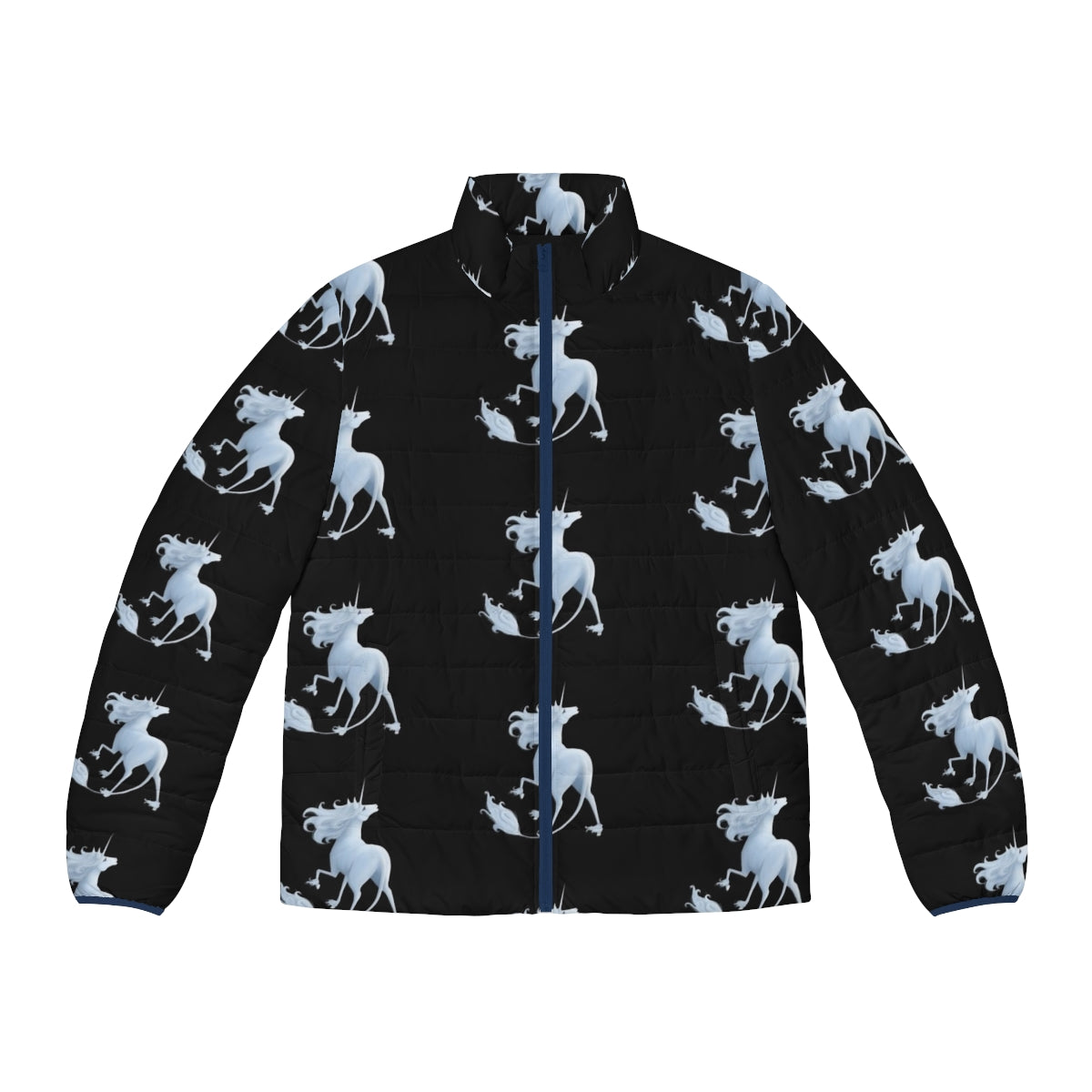 "The Last Unicorn" puffer jacket featuring dark, pastel, and gothic unicorn designs