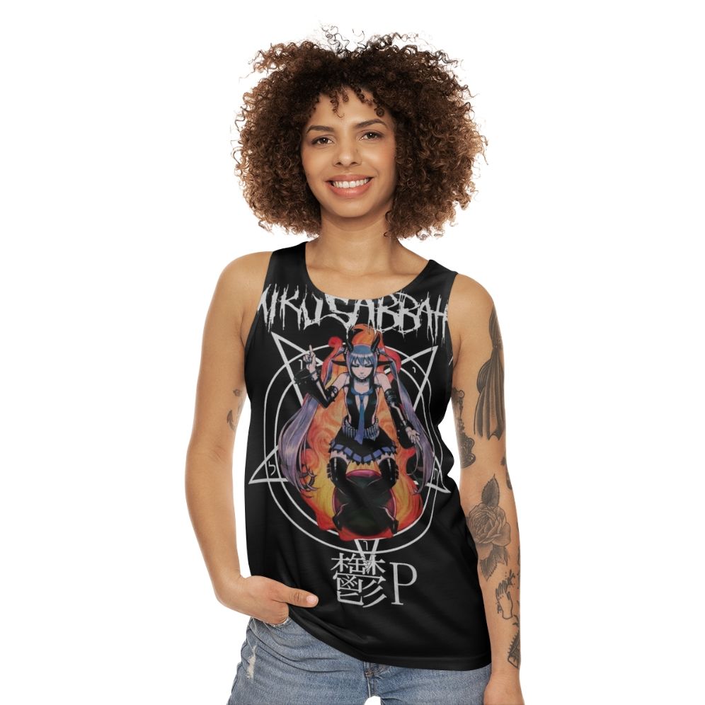 Miku Hatsune unisex tank top with metal music and baphomet design - women