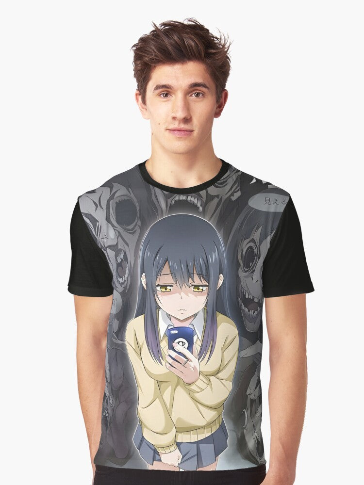 Mieruko-chan Monster Graphic T-Shirt featuring the anime character Miko Yotsuya and a funny ghost/monster design - Men