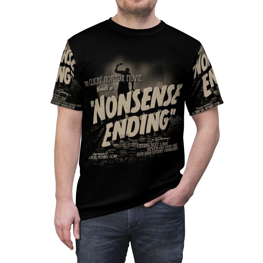 A vintage-style t-shirt with a black and white graphic depicting a humorous, cliche movie ending scene - men front