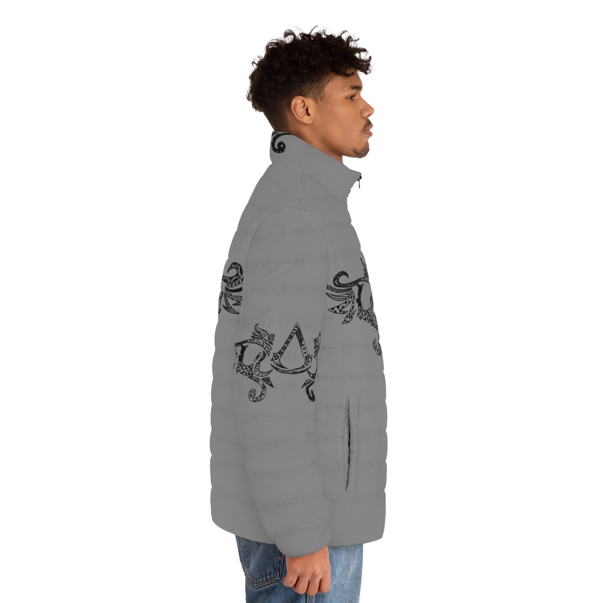 Black puffer jacket with Assassins Creed tribal pattern design - men side right