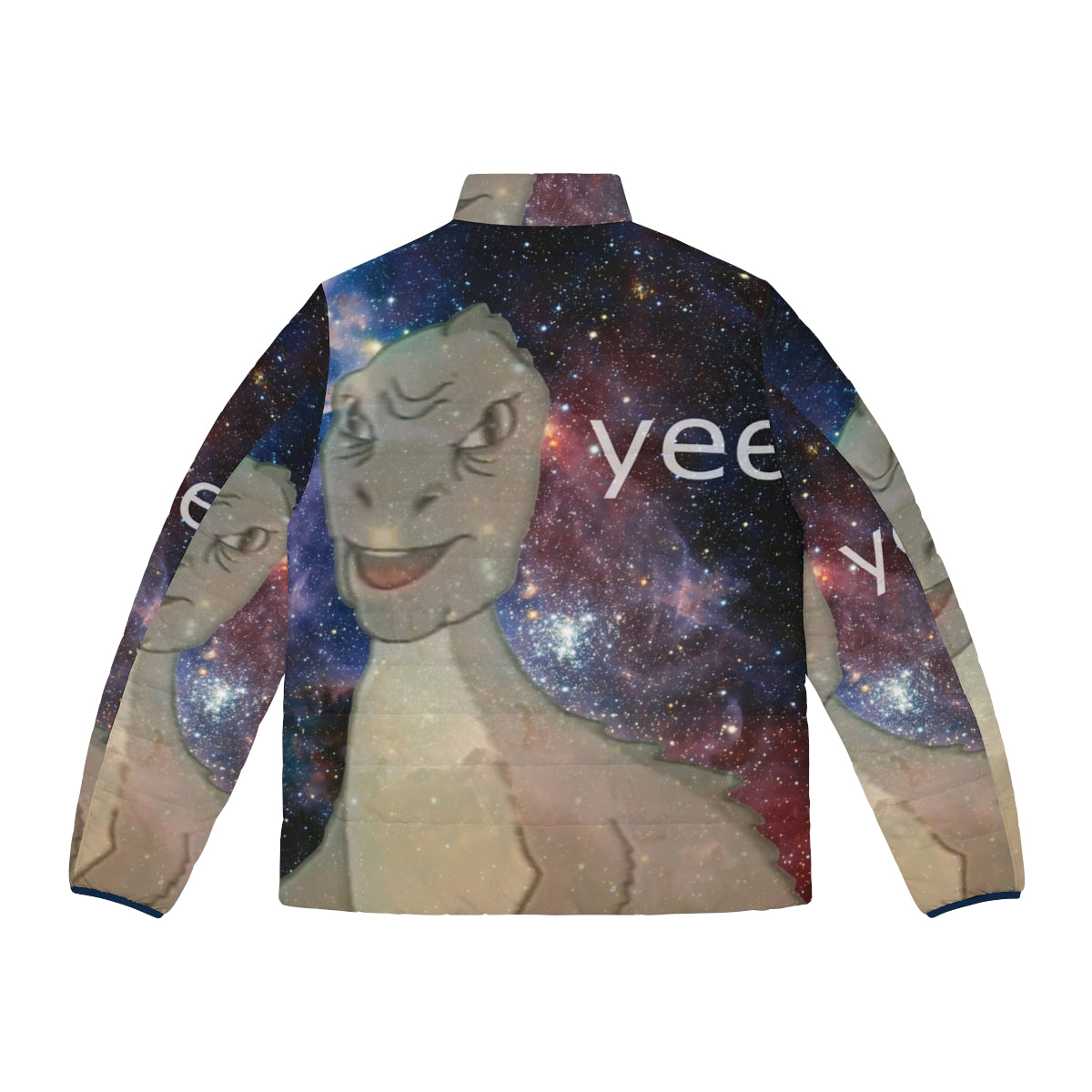 Cosmic Yee Puffer Jacket with dinosaur, nebula, and vintage meme design - Back