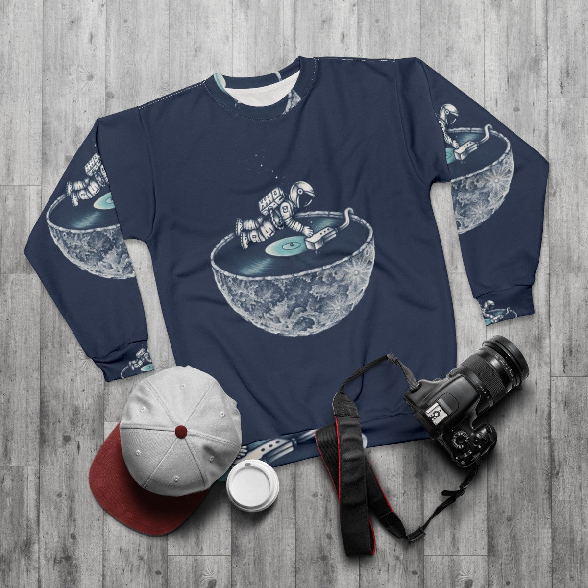 Cosmic Space Tune Sweatshirt with Astronaut and Vinyl Music - flat lay